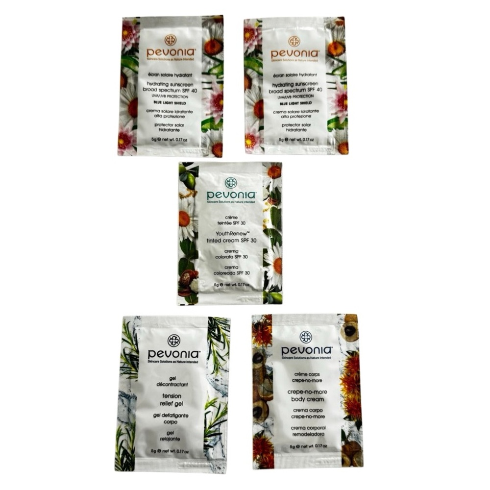 5 PEVONIA PACKETS: 4 VARIETIES: Relief Gel/Sunscreens/Body creme/Tinted Creme